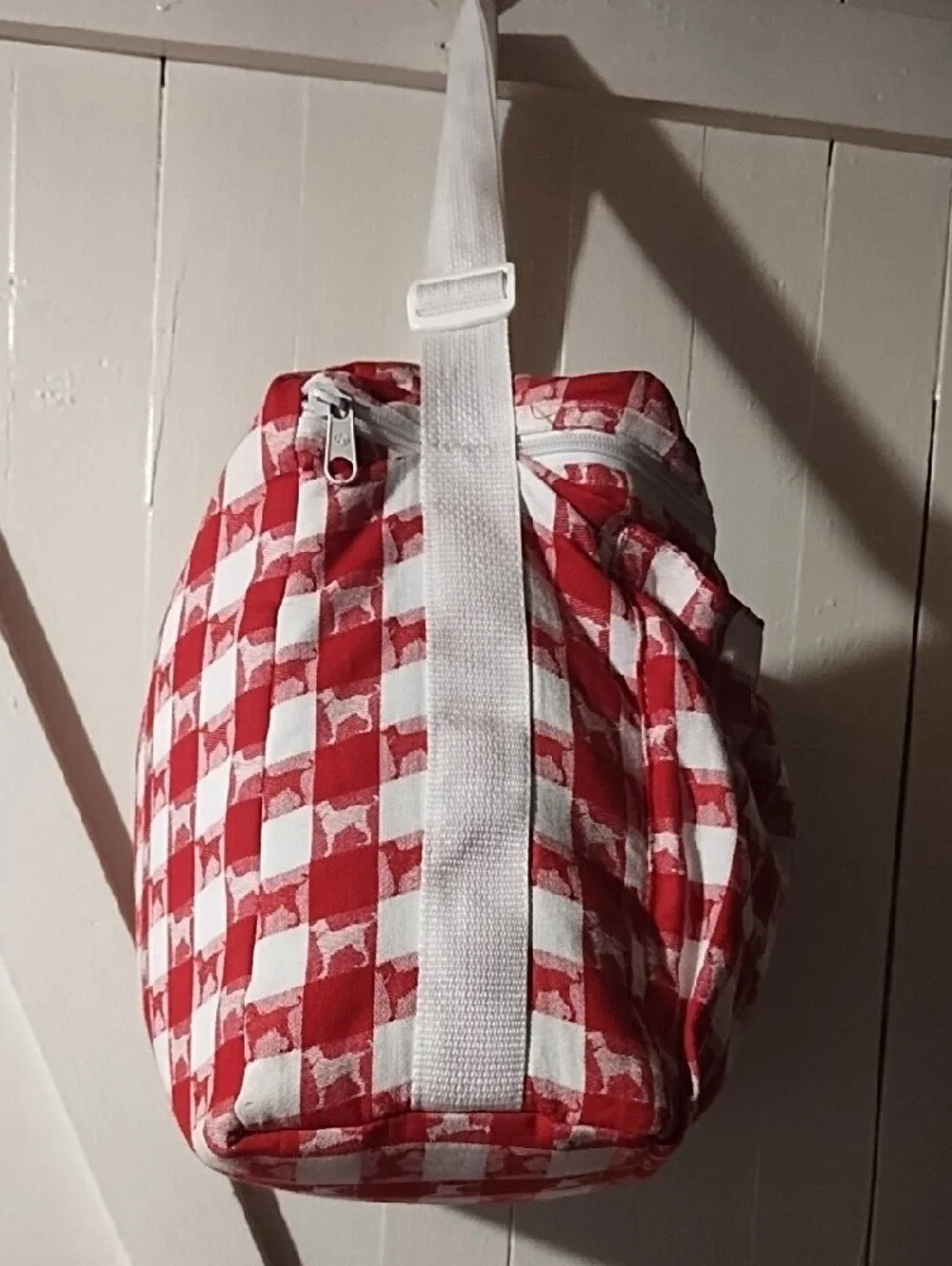 Red Checkered Tote Bag with White Handles EUC.